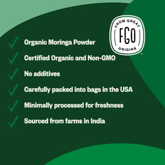 USDA Organic and Non-GMO certification logos on moringa powder label