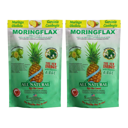 Front view of Moringflax Bag Formula packaging in tan bag