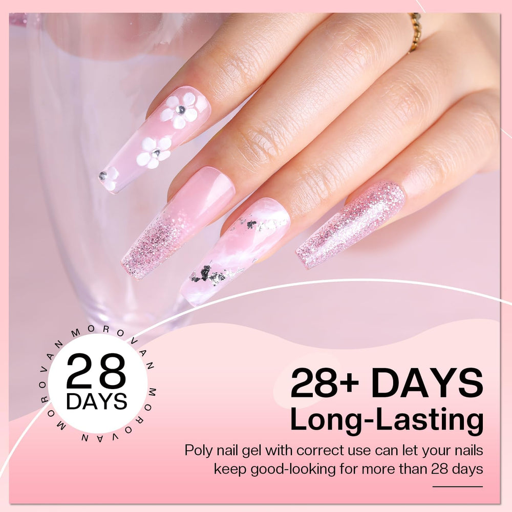 Morovan Poly Gel Nail Colors lamp curing in 90-120 seconds.