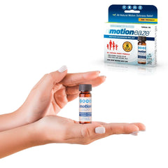 MotionEaze non-drowsy motion sickness relief bottle front compact for on-the-go relief.