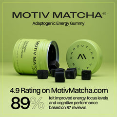 Front packaging of Motiv Organic Matcha & Mushrooms Gummies