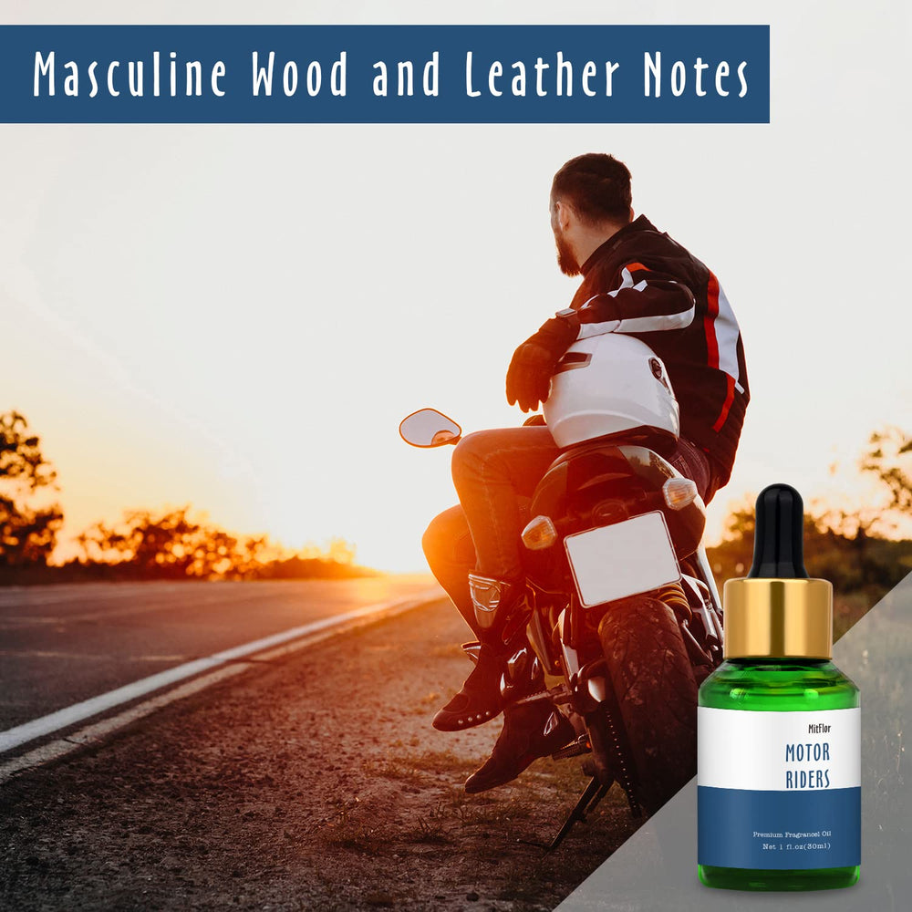Close-up of leather and wood scent notes for Motor Riders fragrance oil
