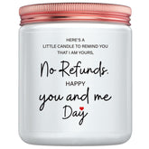 MOTVZC No Refunds label candle for playful romance and togetherness.