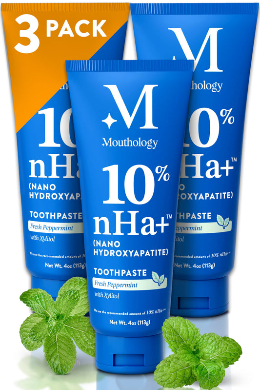 Mouthology 10% nano-hydroxyapatite toothpaste bottle and packaging