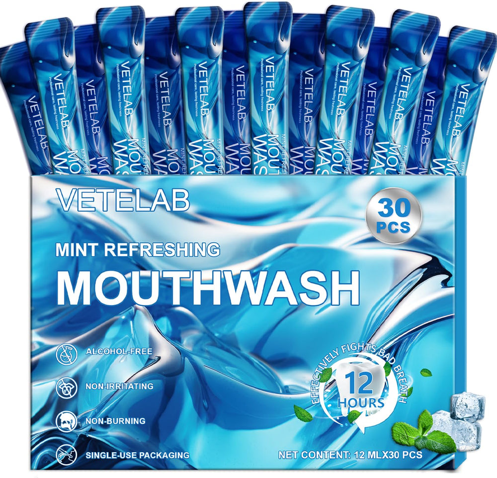 Travel-size mouthwash packets in a 30-pack box
