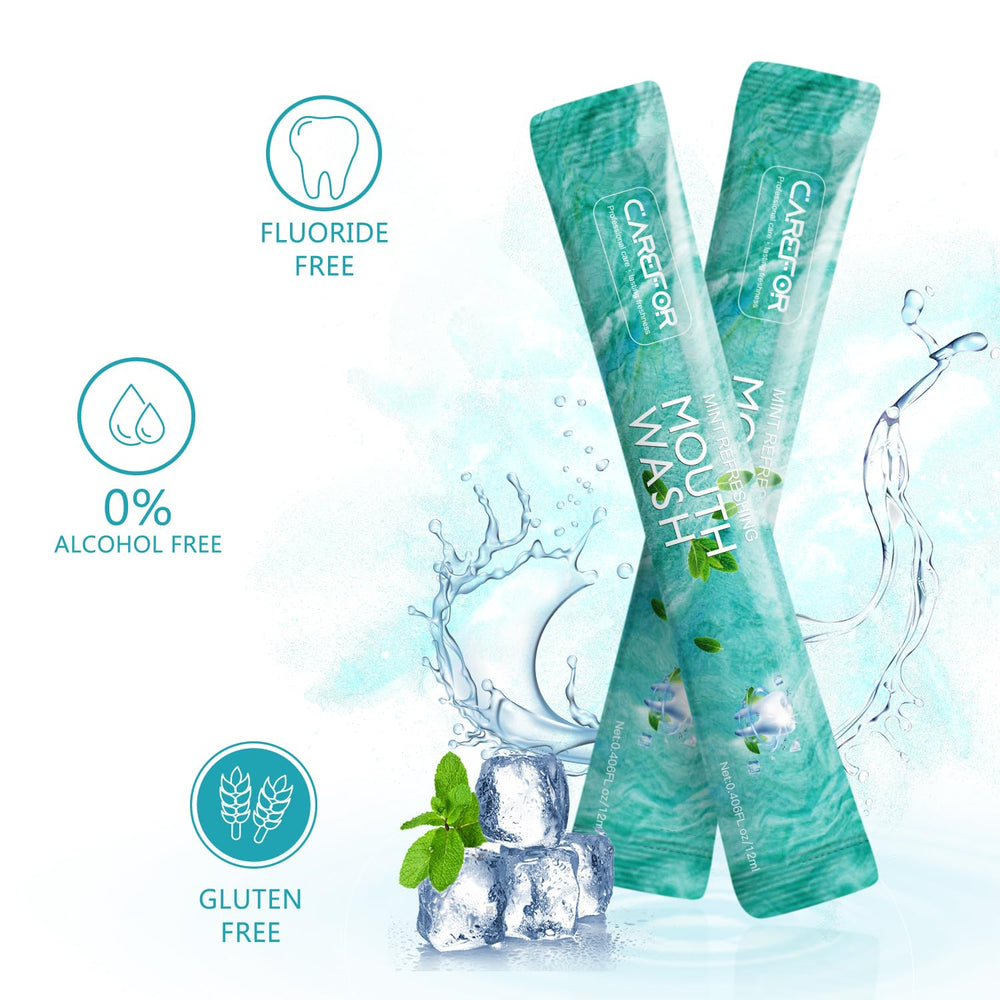 Close-up of mint-flavored single-use mouthwash sachet