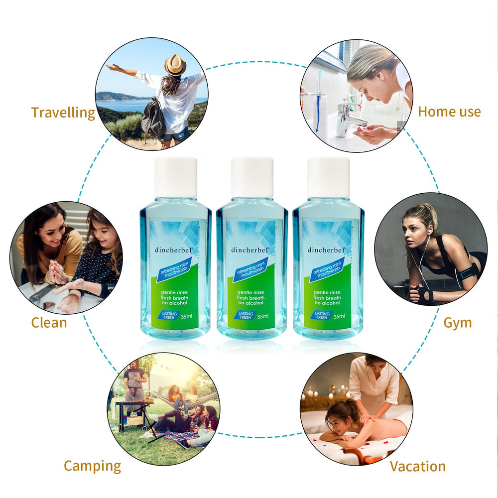 Mouthwash in a travel setting with luggage