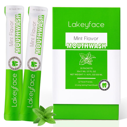 Front view of mouthwash travel pack with 30 individual packets