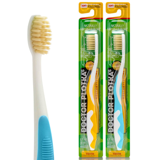 MOUTHWATCHERS Soft Children's Flossing Manual Toothbrush Set of 2 in Yellow and Blue - front view