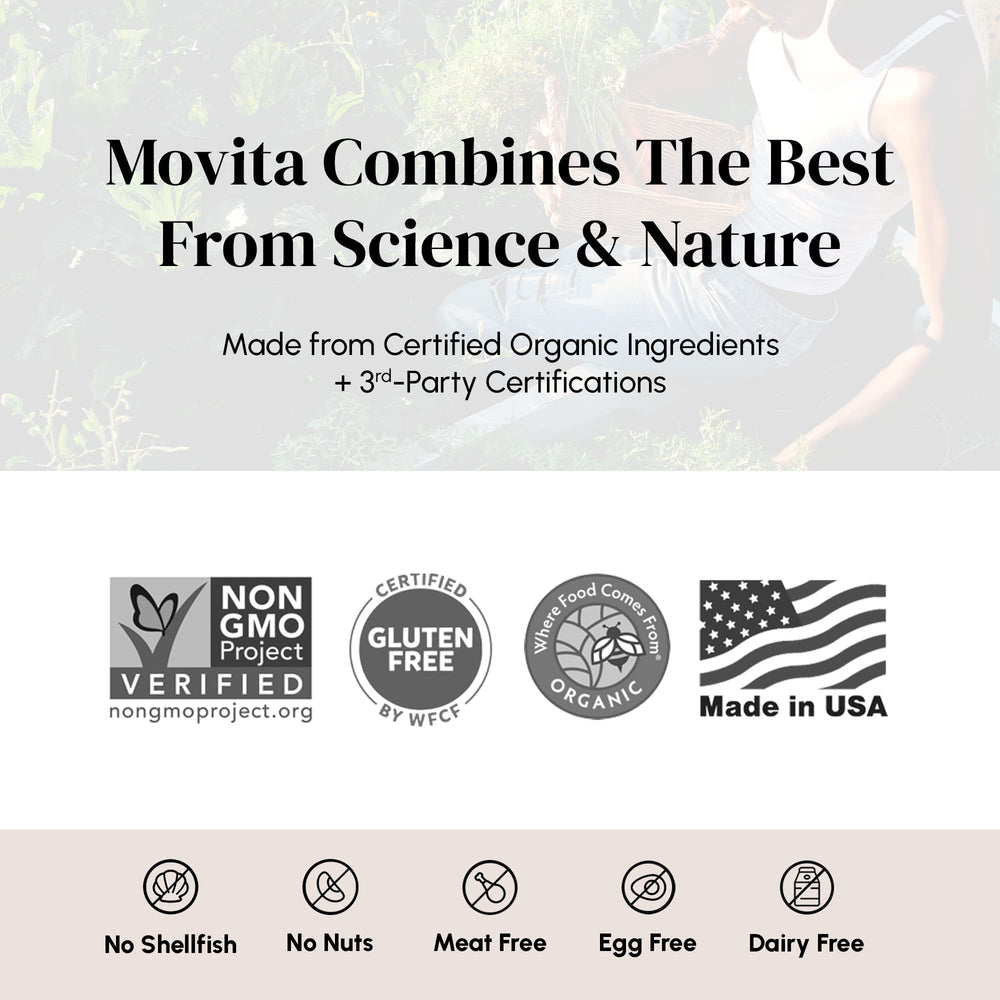 Lifestyle shot showing organic vegan supplement packaging in a kitchen