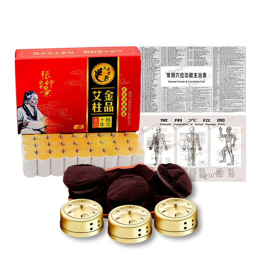 54-piece moxa box kit contents including moxa sticks, copper burner boxes, portable bag, and acupoint map
