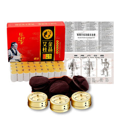 54-piece moxa box kit contents including moxa sticks, copper burner boxes, portable bag, and acupoint map