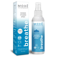 MOXE Breathe Shower Mist bottle with eucalyptus and peppermint essential oils label