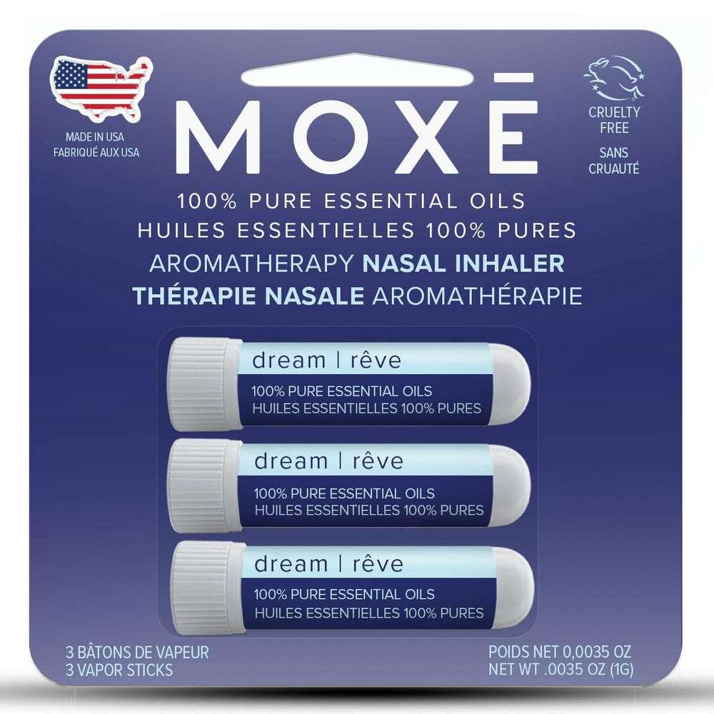MOXĒ Dream nasal inhaler lavender cap promotes calm focus for bedtime.