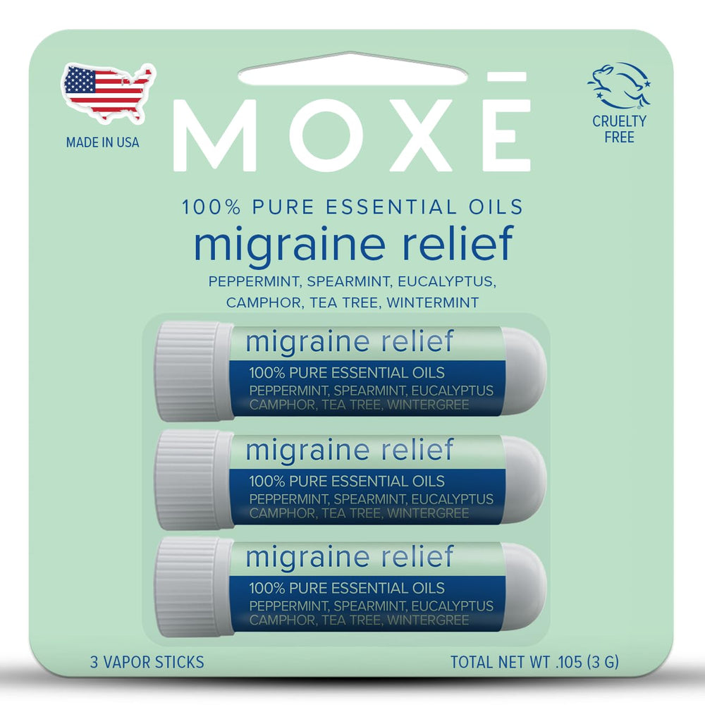 MOXE Migraine Relief Inhalers pack-front, portable migraine relief on the go.