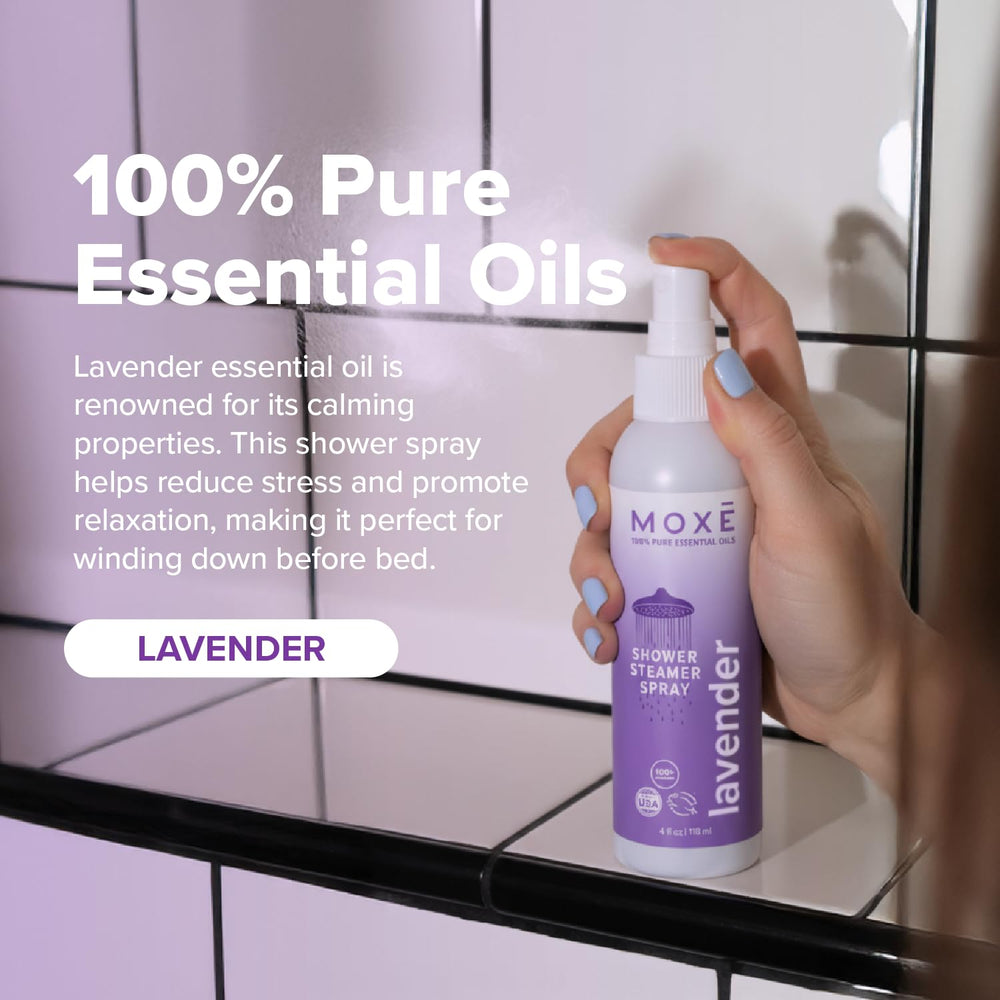 Lifestyle shot of spa-like bathroom with MOXE aromatherapy spray