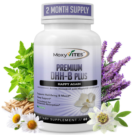 Front view of MoxyVites DHH-B supplement bottle with label