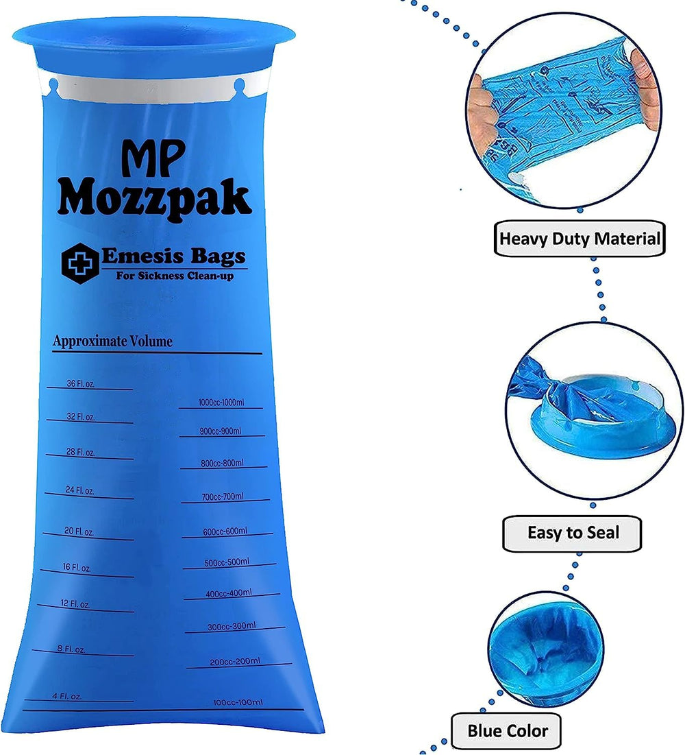 MP Mozzpak emesis bag thick durable material close-up for leak resistance