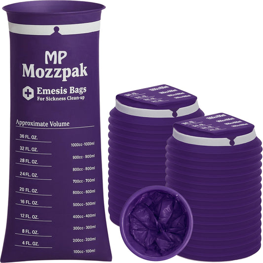 MP Mozzpak emesis bags 60-pack display, portable leak-proof travel solution.