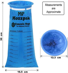 MP Mozzpak vomit bags show leakproof closure for secure containment.