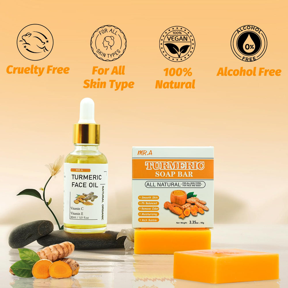 MR.A turmeric oil label highlights vitamin C and E enrichment.