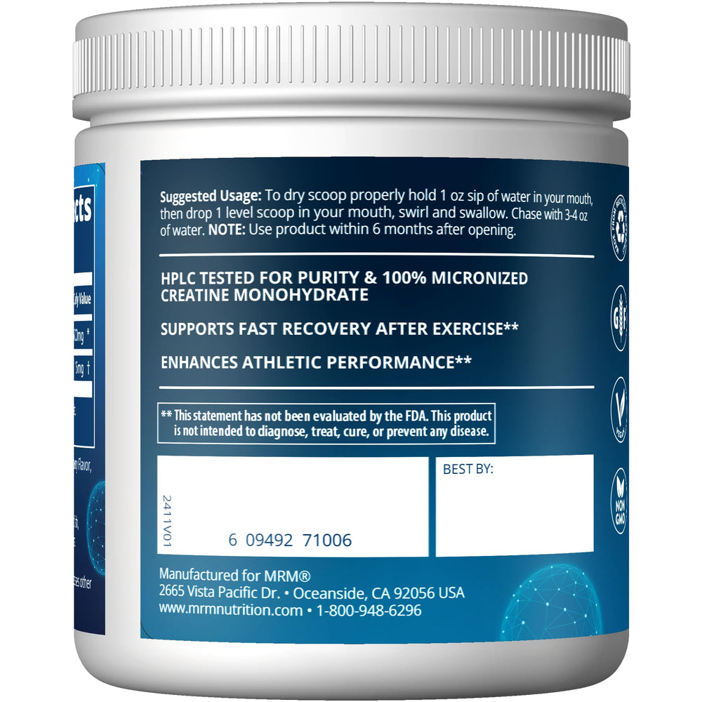 Product shot of MRM Creatine Dry Scoop Blue Raspberry packaging