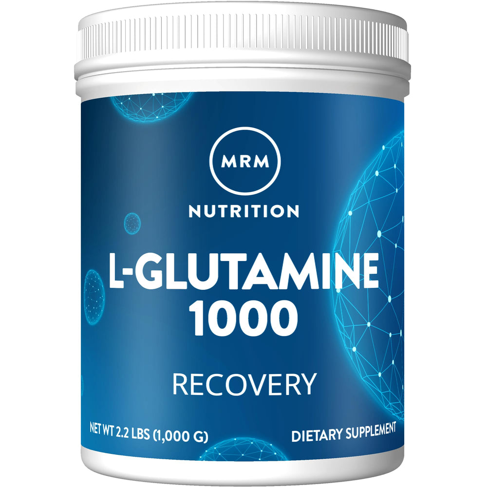MRM L-Glutamine powder bottle showing fermented formula for gut support and recovery