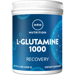 MRM L-Glutamine powder bottle showing fermented formula for gut support and recovery