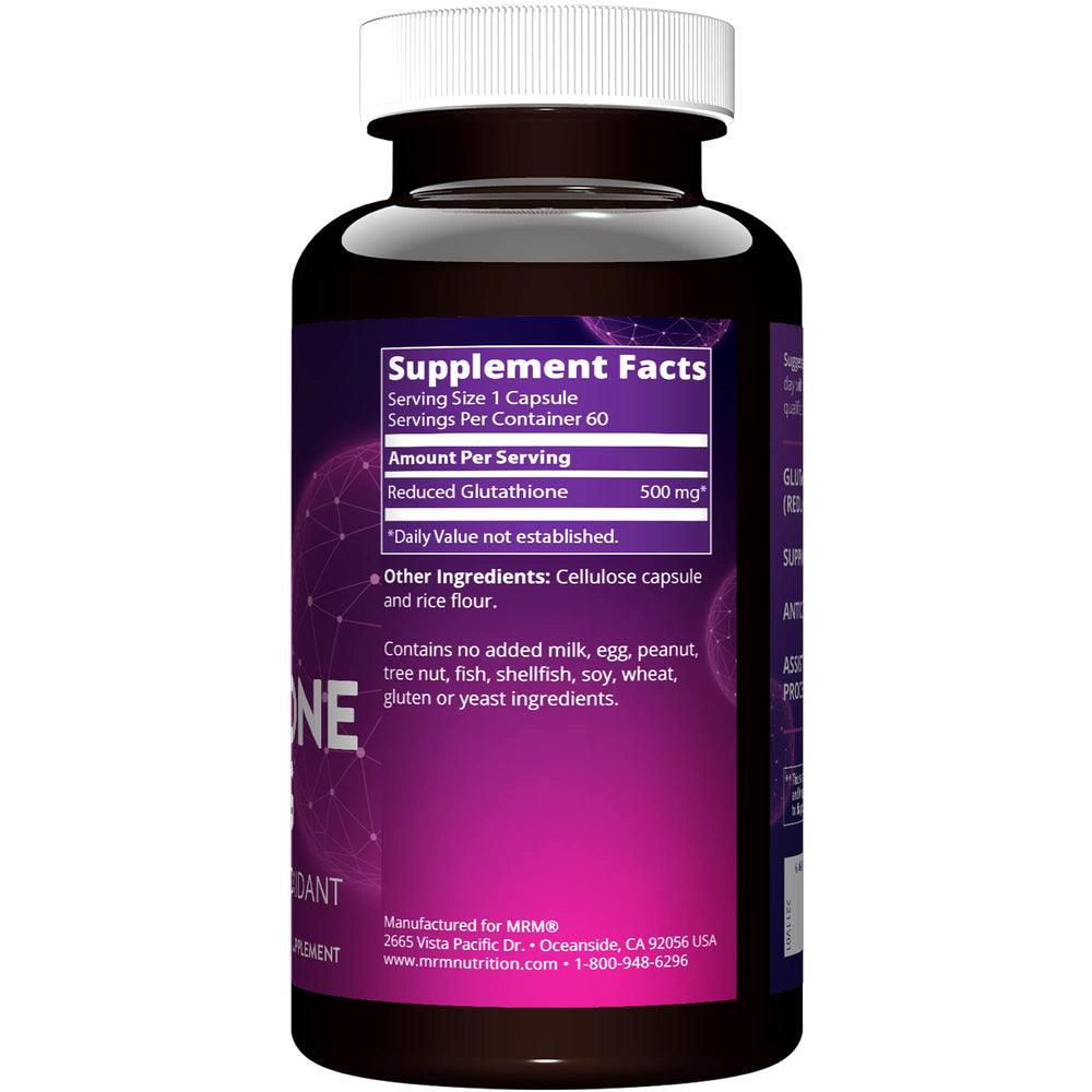 Close-up of MRM Reduced Glutathione 500mg bottle and label