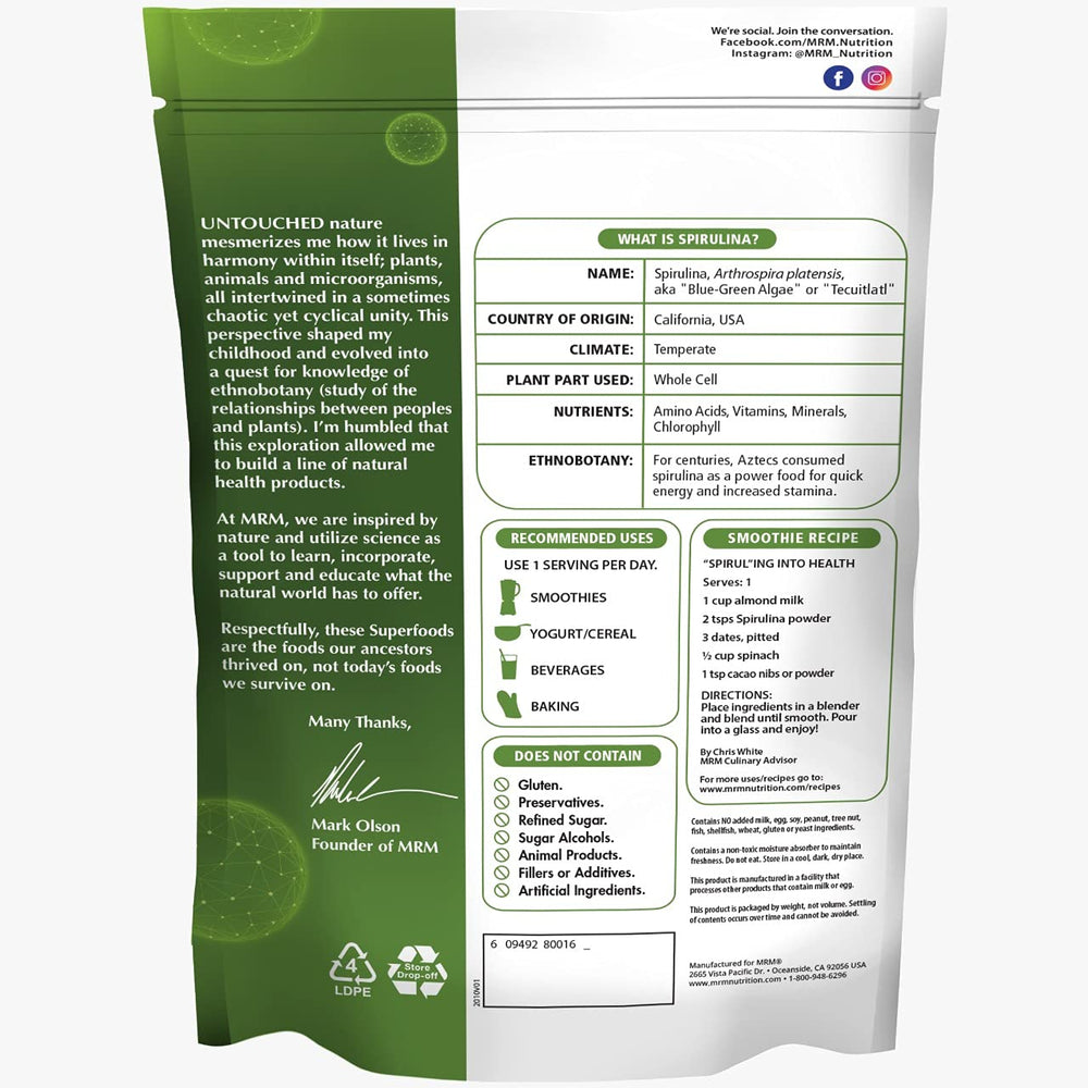 Spirulina powder bottle ingredients panel