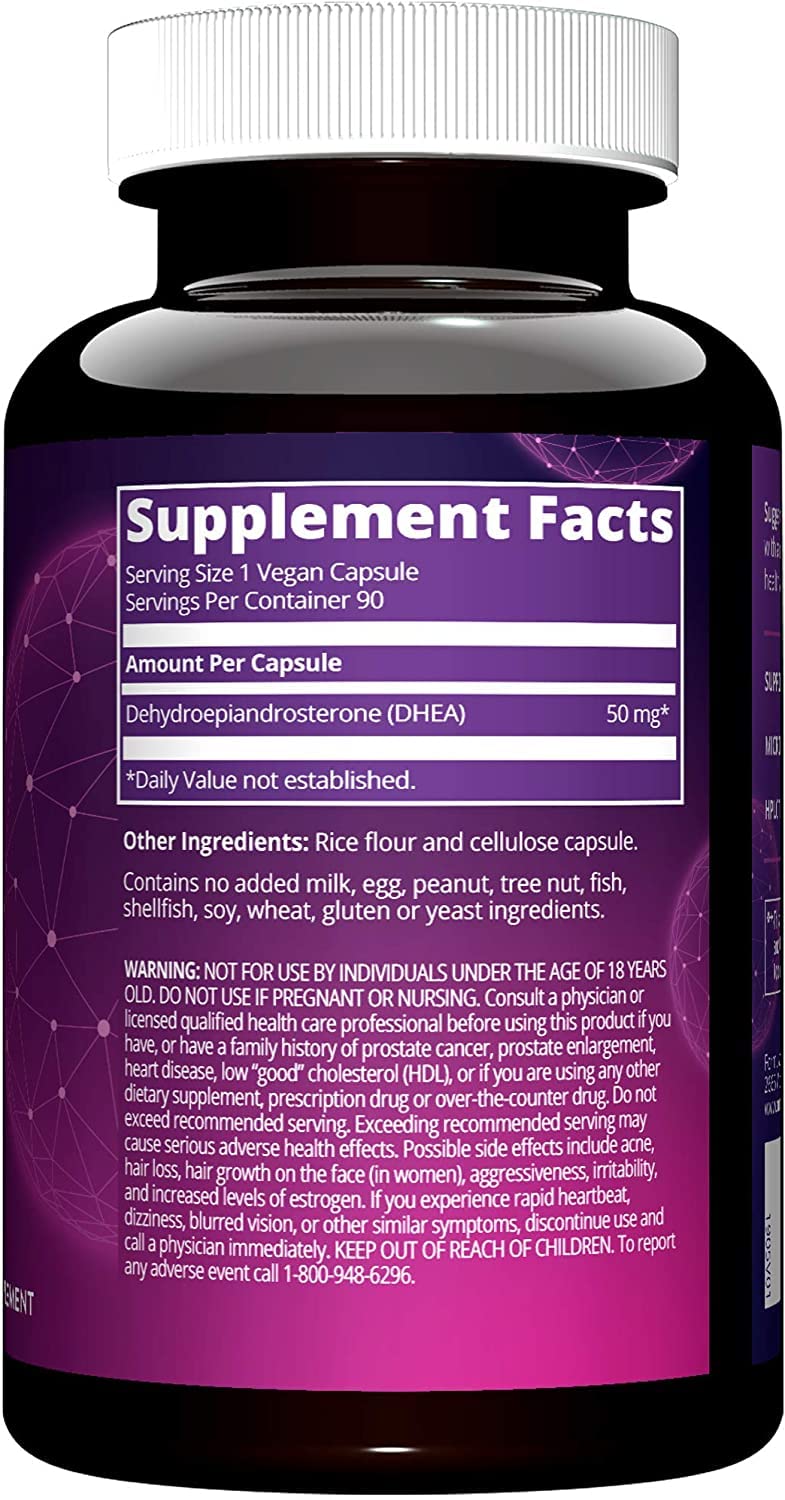 Close-up of DHEA capsules and packaging