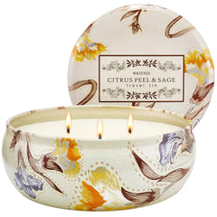 M&SENSE 3-wick soy candle in a floral-patterned tin, front view