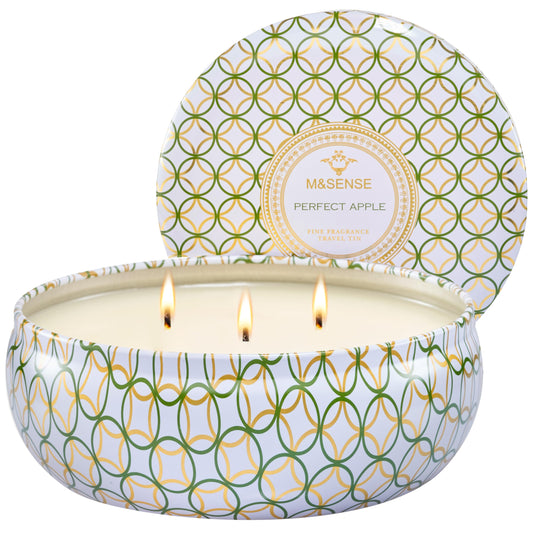 Front view of M&SENSE Apple scented candle in a 12oz 3-wick tin