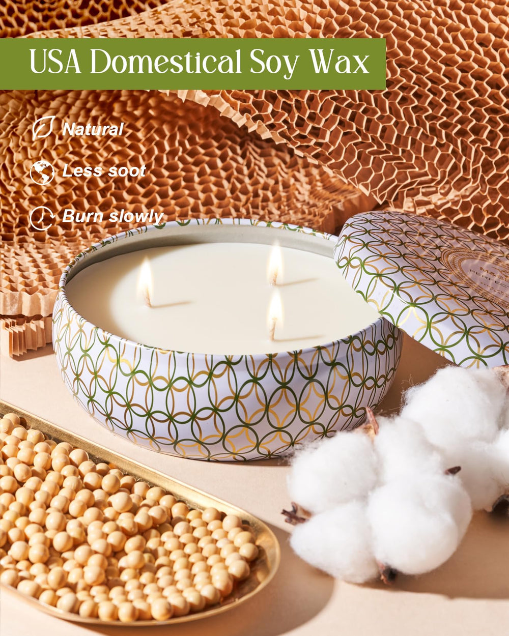 Close-up of triple lead-free cotton wicks in the apple candle