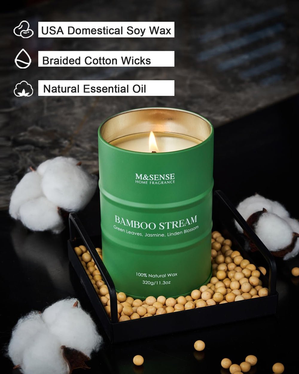 Elegant, gift-ready tin packaging for M&SENSE Bamboo Scented Candle