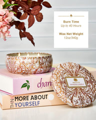 Floral pattern on Basil Flower candle tin in soft lighting