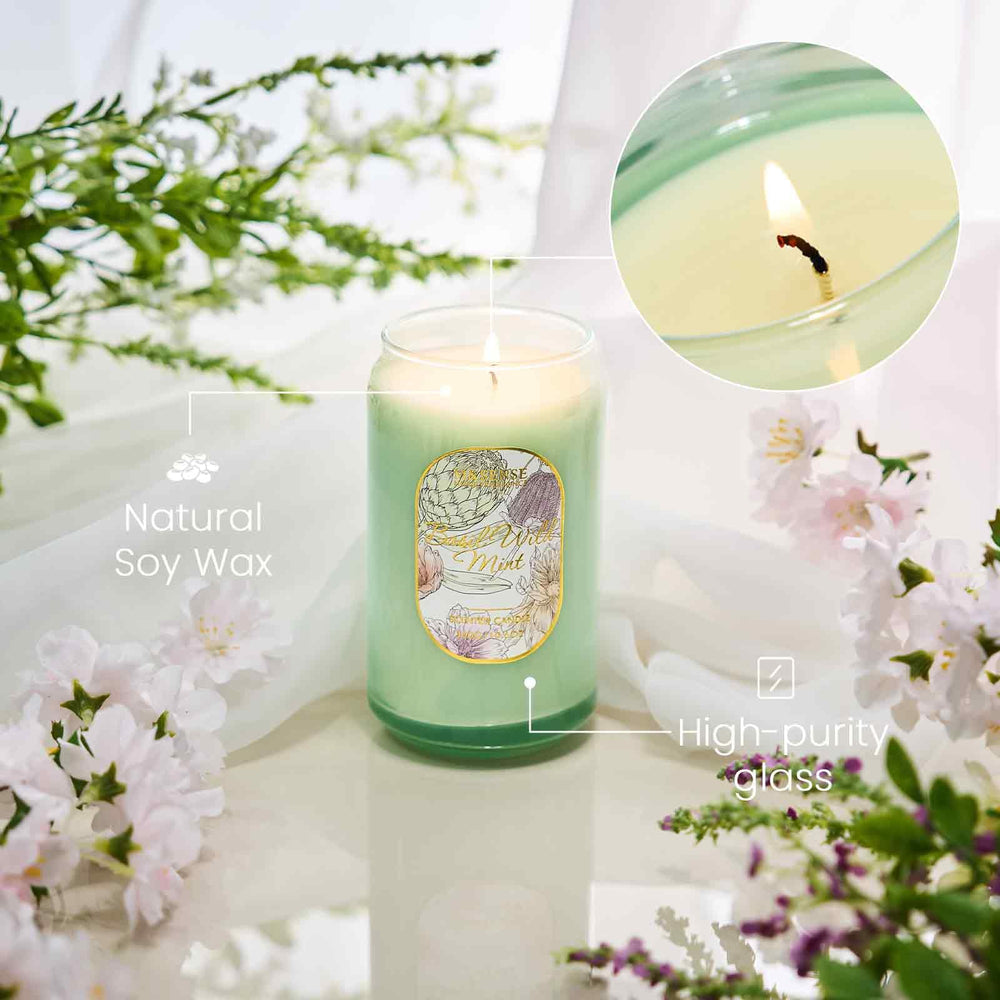 Burning Basil Mint candle wick showcasing a clean, smokeless burn.