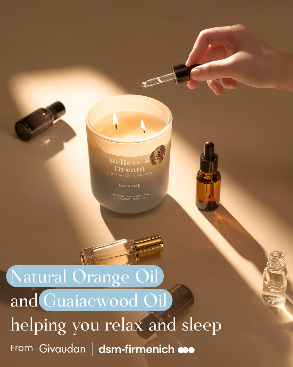 Label close-up showing M&SENSE scent Blood Orange and Blushed Rose