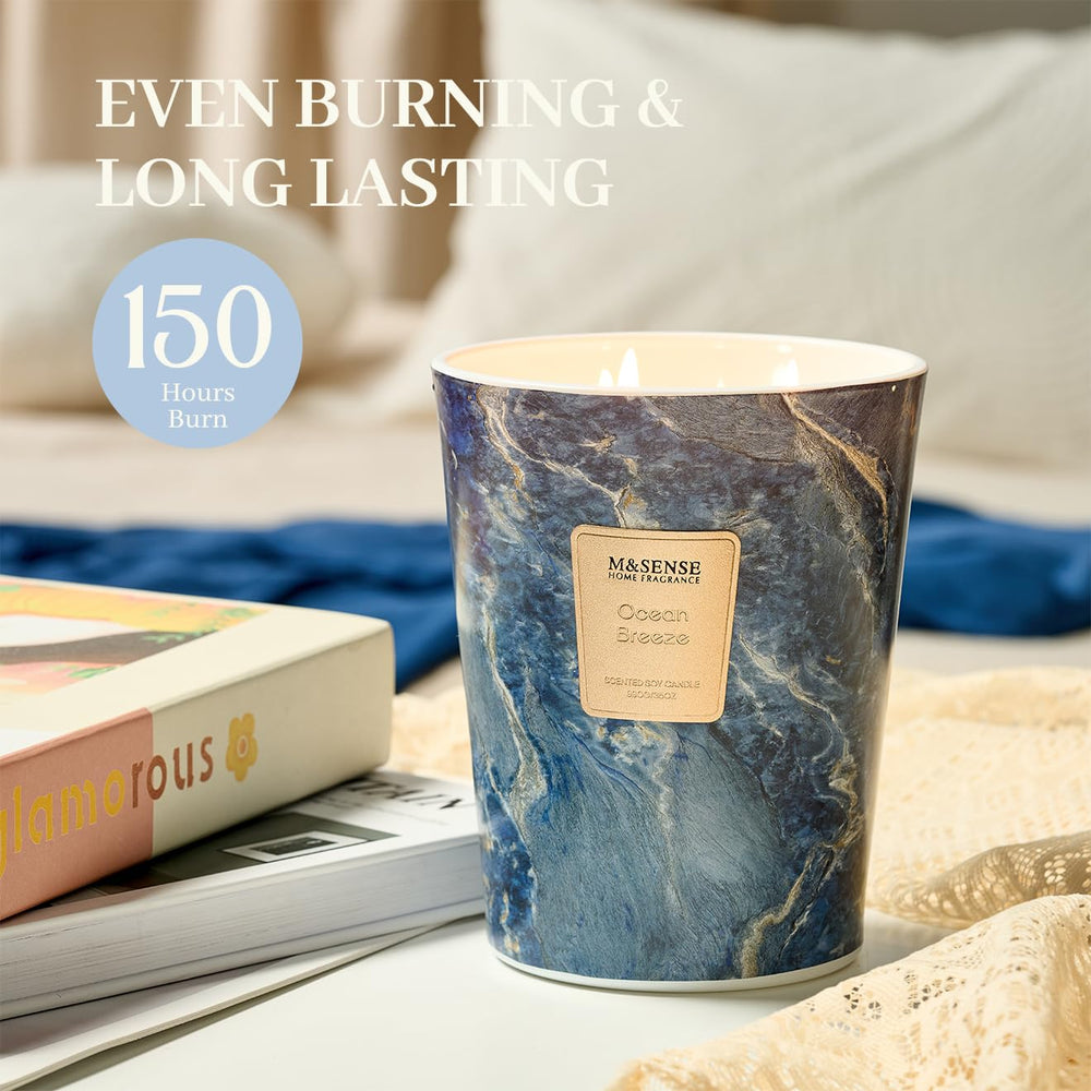 35oz Ocean Breeze candle burning with long burn time of 150 hours