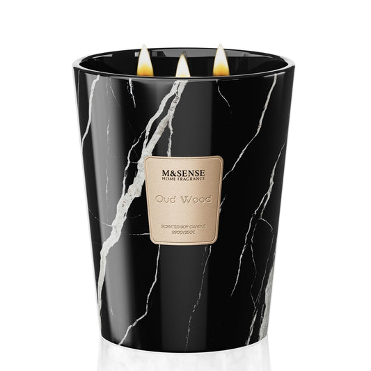 M&SENSE Oud Wood scented candle in a marble-textured 35oz jar with 3 wicks