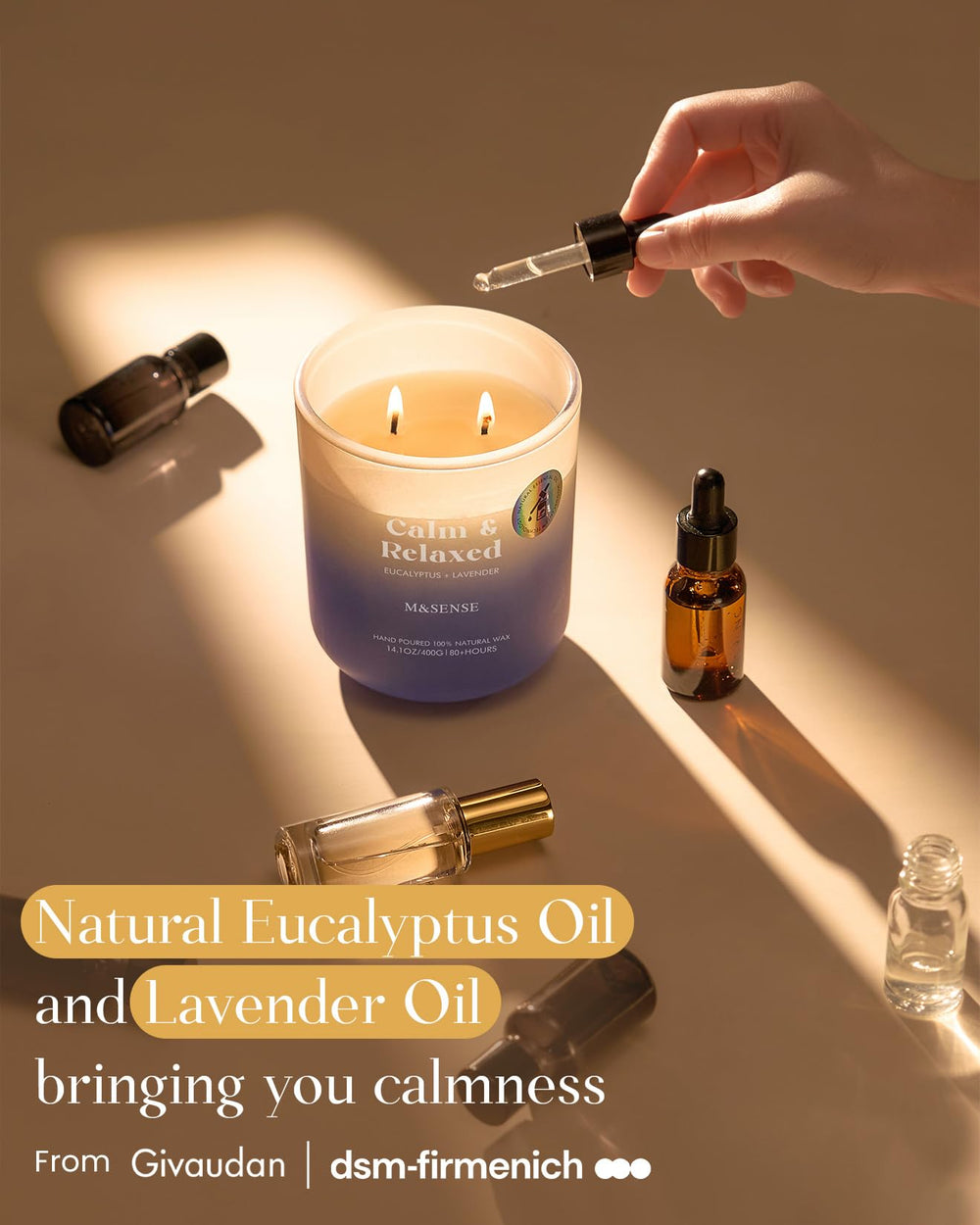 Lifestyle scene featuring M&SENSE candle for relaxation