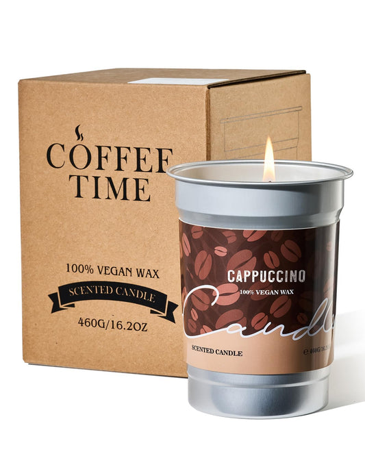 M&SENSE Cappuccino Candle in a 16oz jar with coffee cup-inspired lid