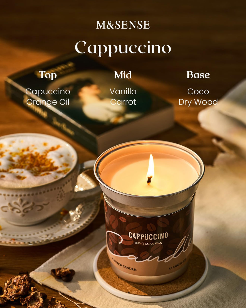 Close-up of latte art lid on the cappuccino candle