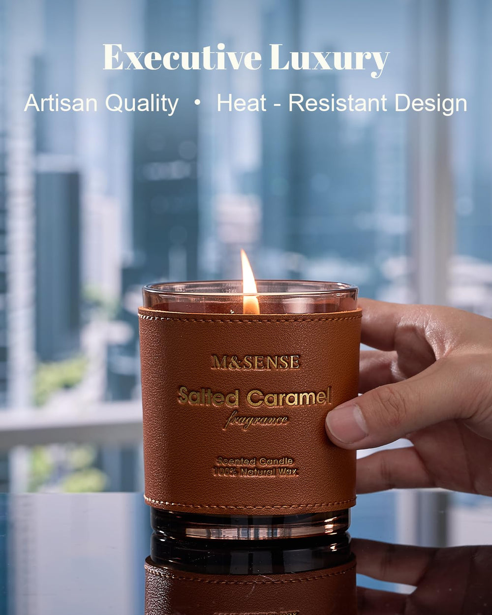 M&SENSE candle with cotton wick glowing in ambient light
