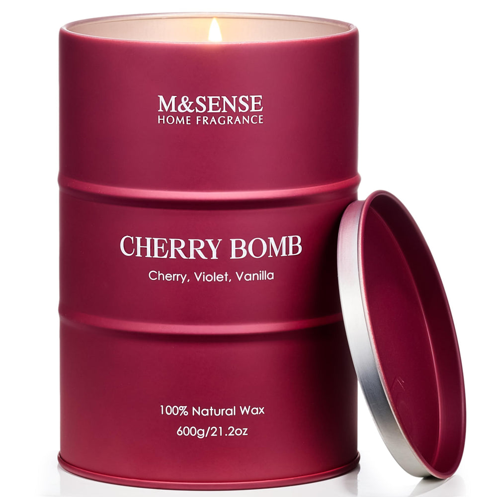 M&SENSE Cherry Bomb scented candle in a tin container - front view