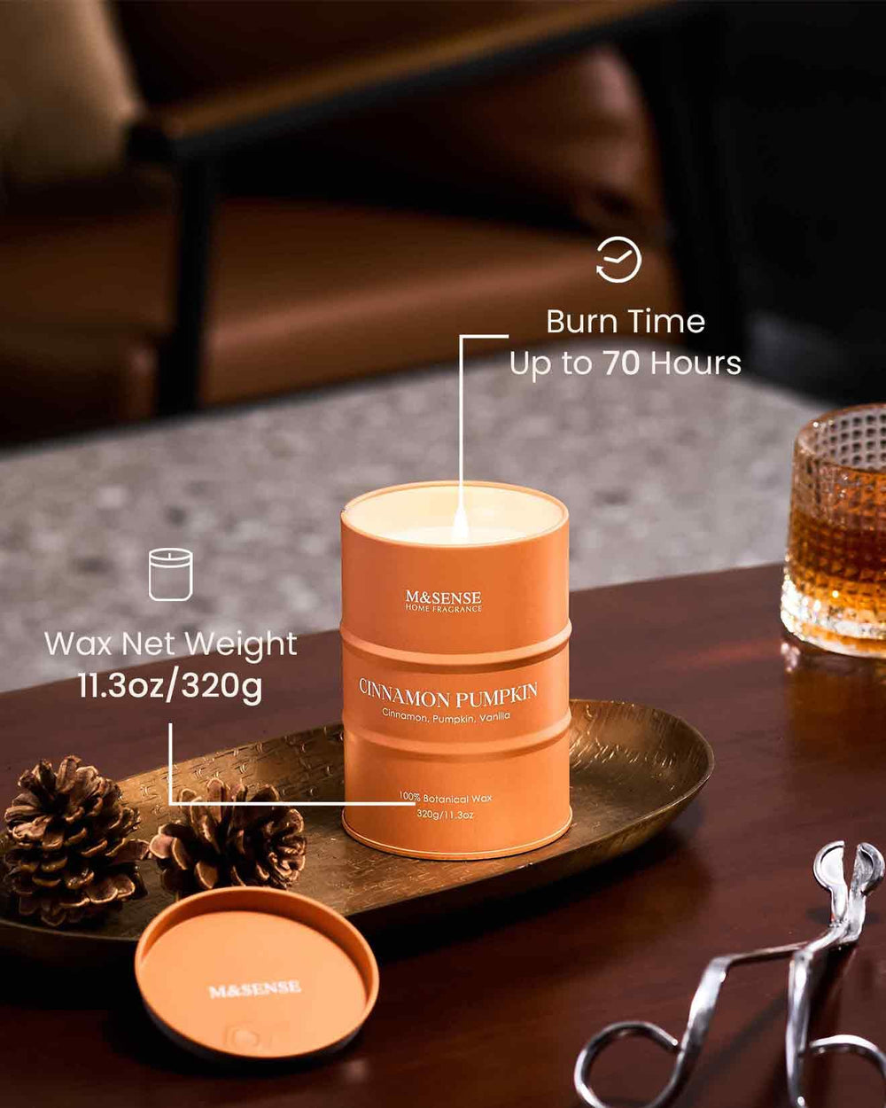 Candle burning, room-filling aroma