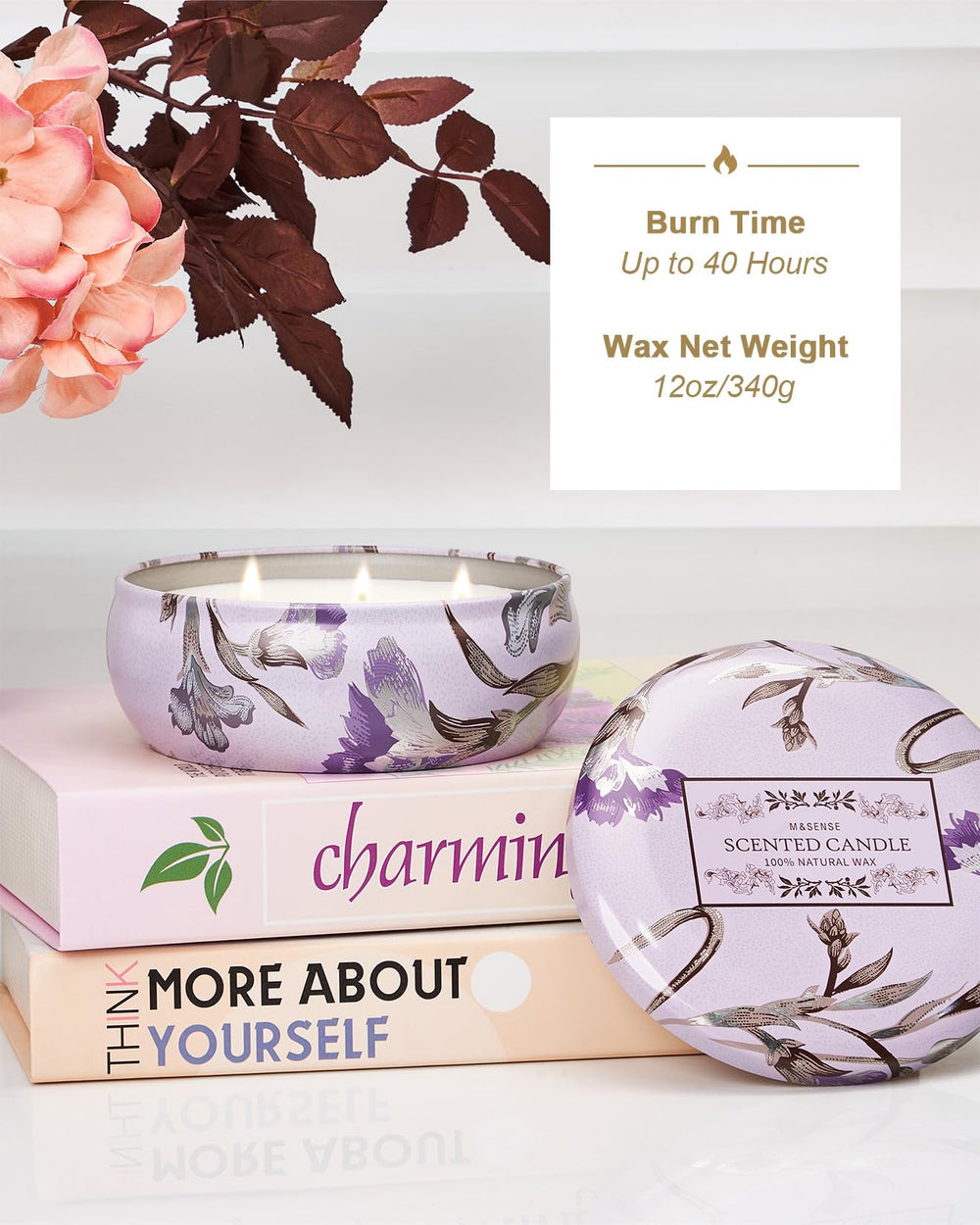 Label highlighting 40+ hour burn time with vegan soy wax