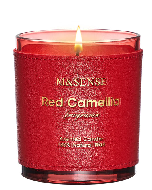 M&SENSE Citrus Floral Soy Candle in a 10oz jar with hand-stitched leather sleeve