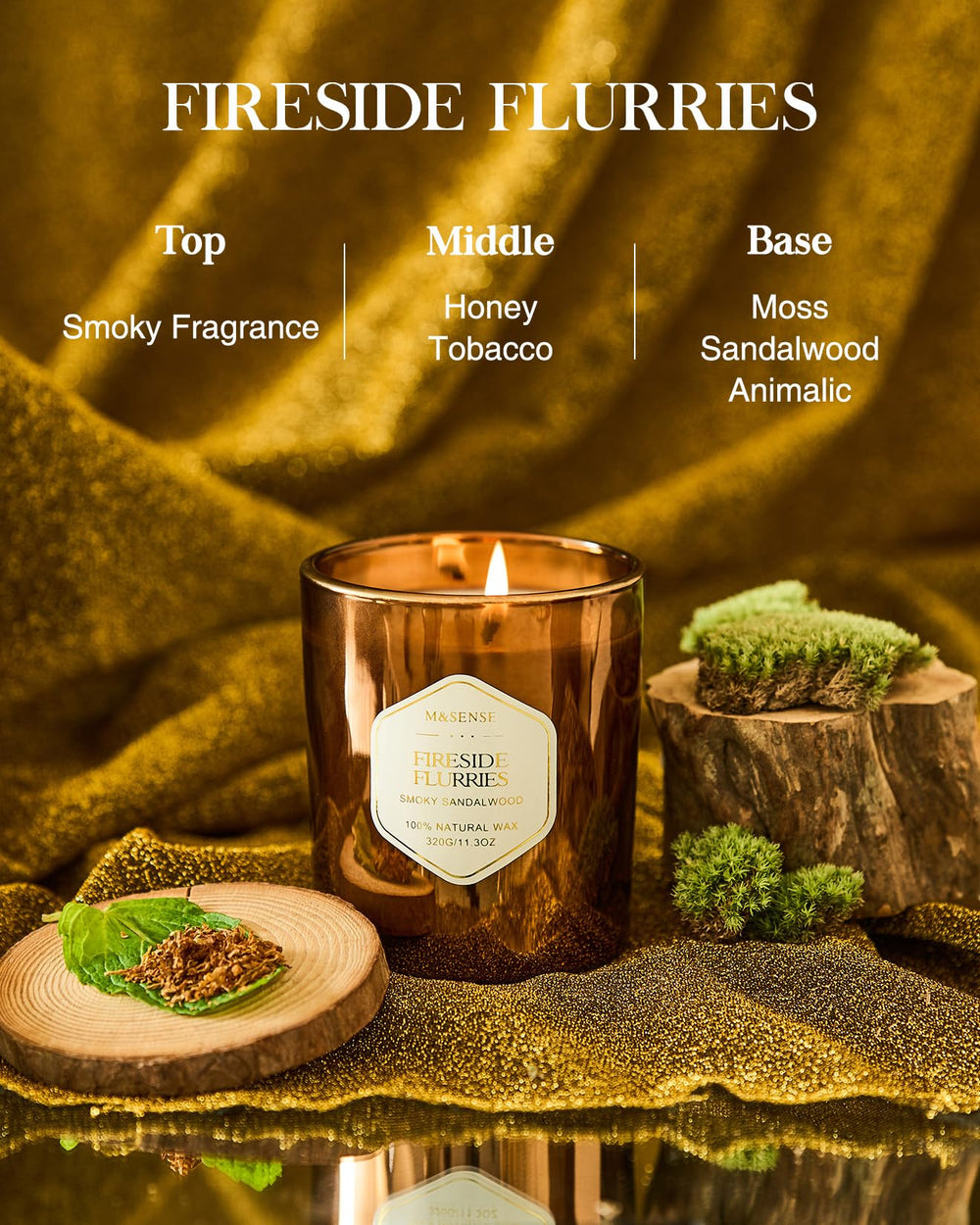 Close-up of the candle with a reflective wax cup and warm glow
