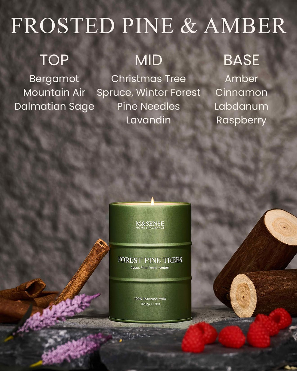 Close-up of natural soy blend wax candle with pine scent